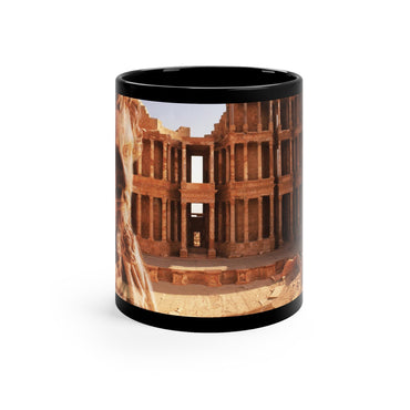 Septimius Severus and Theater of Sabratha black ceramic mug - Classical emperor bust with Roman theater ruins in golden terracotta double exposure on premium black drinkware
